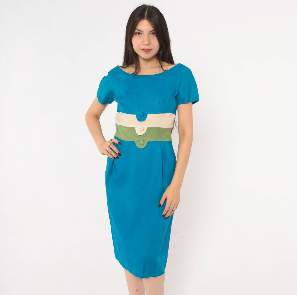 60s Teal Linen Sheath Dress Color Block Cream Olive Boat Neck Small