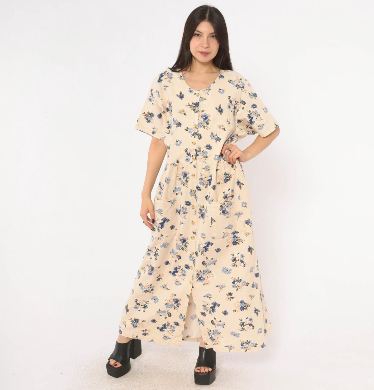 90s Studio C Floral Linen Maxi Dress Cream Navy Plus Size XXL