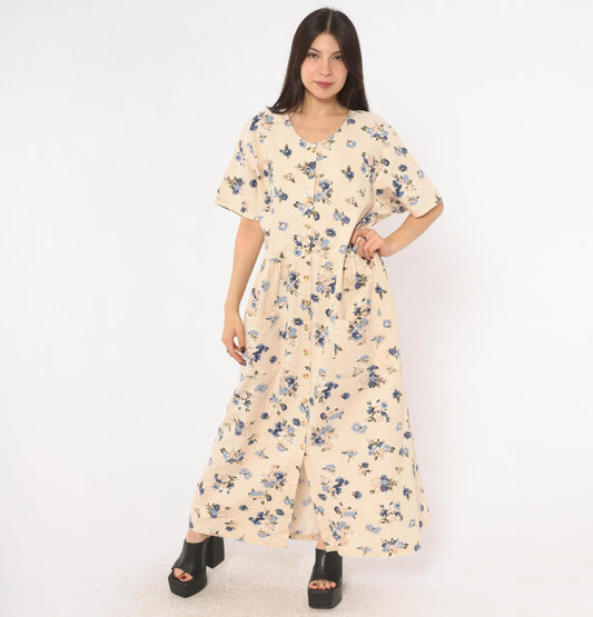 90s Studio C Floral Linen Maxi Dress Cream Navy Plus Size XXL