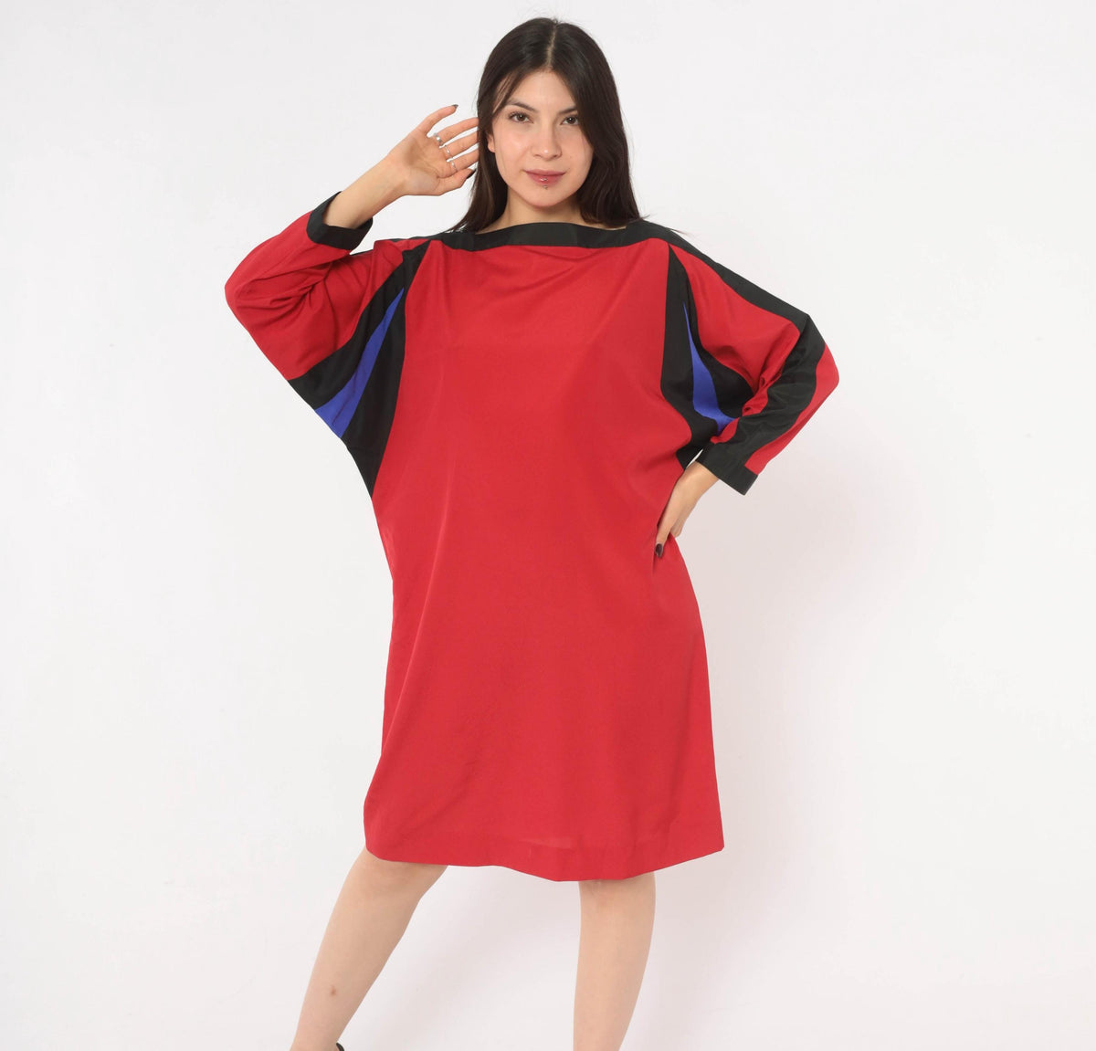 80s Red Color Block Shift Dress Batwing Dolman Sleeve Boat Neck Medium