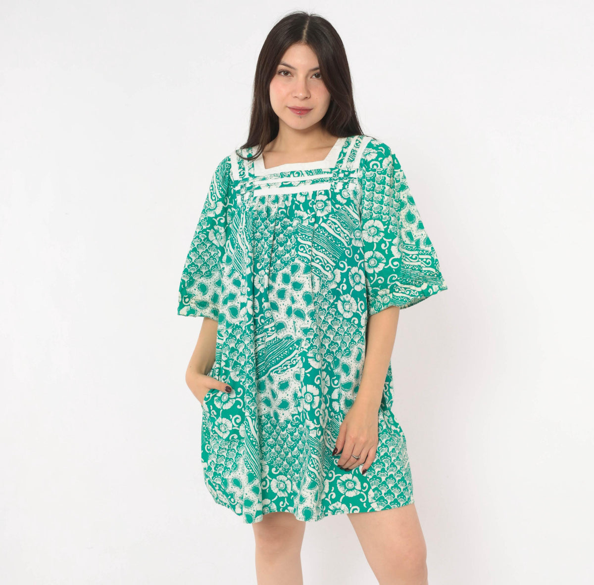 90s Expressions Teal Batik Floral Cotton Dress Square Neck Puff Sleeve Medium M