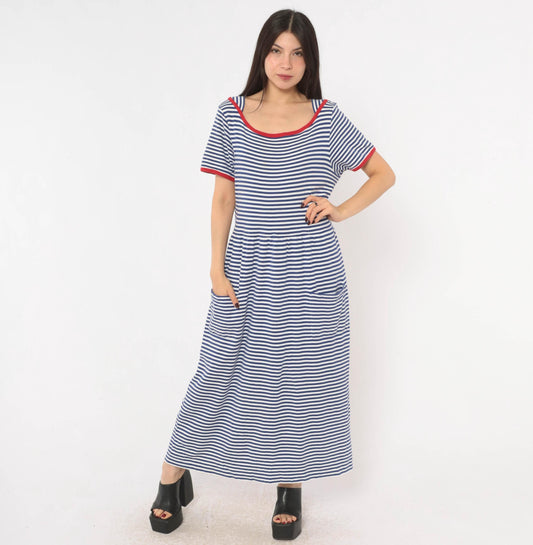 90s Talbots Striped Cotton Maxi Dress Cobalt Blue White Red Trim Large L