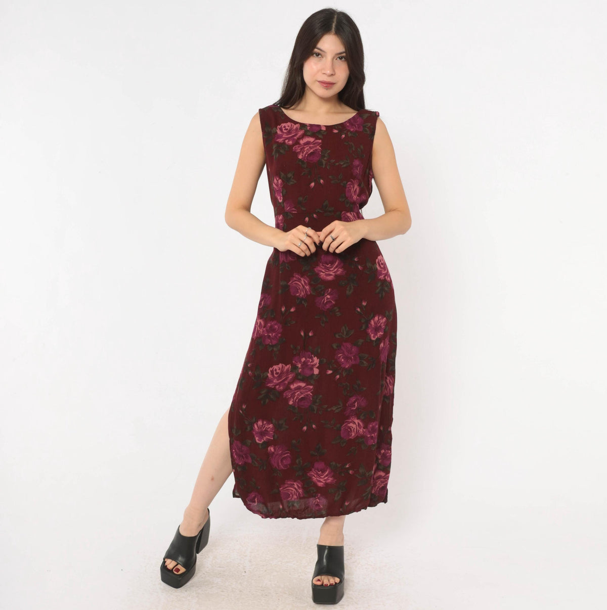 90s Chadwick's Burgundy Floral Midi Dress Sleeveless Tie Back Medium M