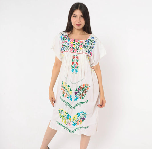90s Mexican Embroidered Cotton Dress White Floral Puff Sleeve Square Neck Small
