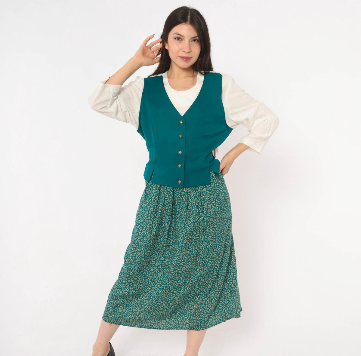 90s Olivia Rose Ditsy Floral Midi Dress Teal Green Vest Bodice Large L