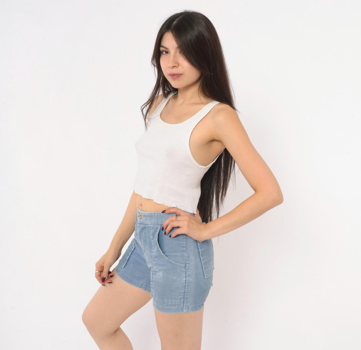 80s Towncraft Light Blue Corduroy Shorts High Waisted Cuffed Cotton Extra Small XS
