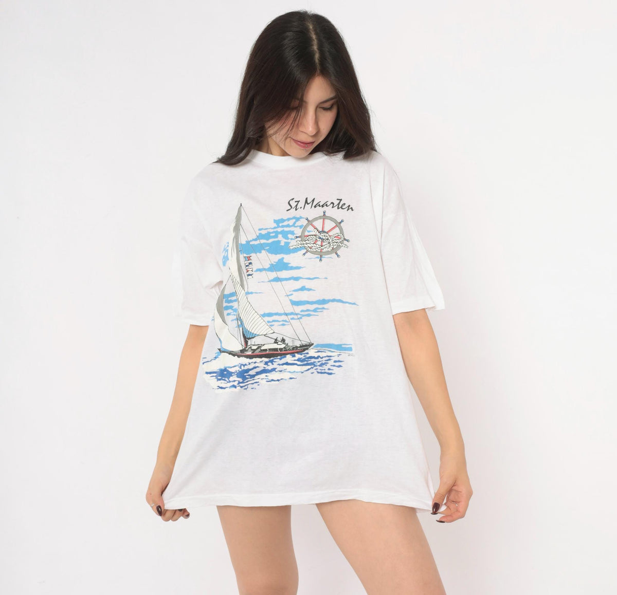 90s Trade Winds St. Maarten Sailboat Graphic Tee White Cotton Large