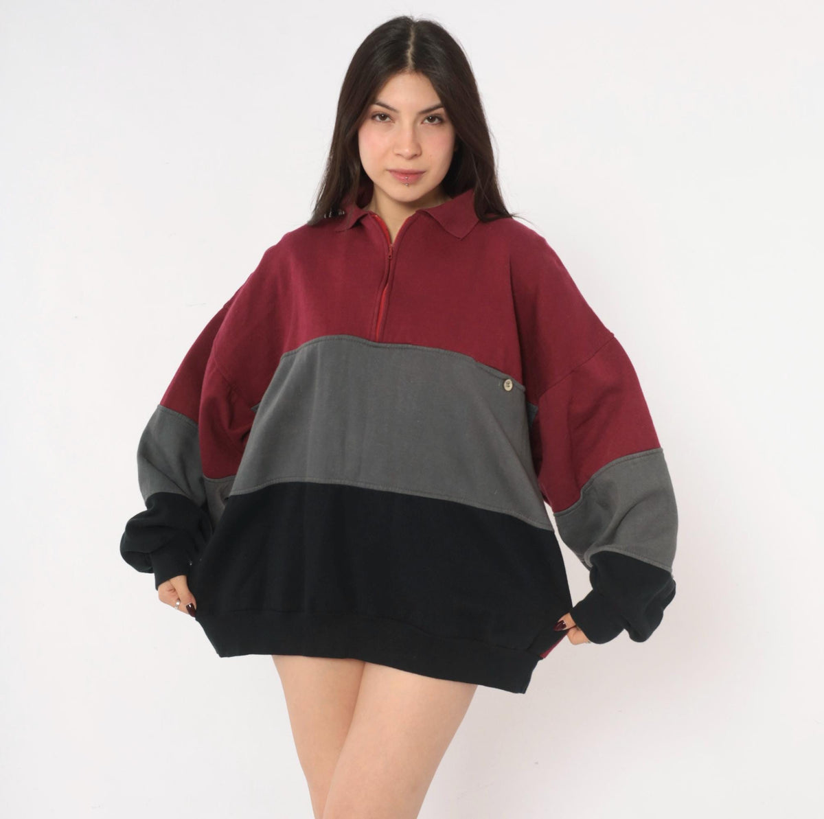 90s Colorblock Quarter Zip Sweatshirt Burgundy Grey Black Extra Large