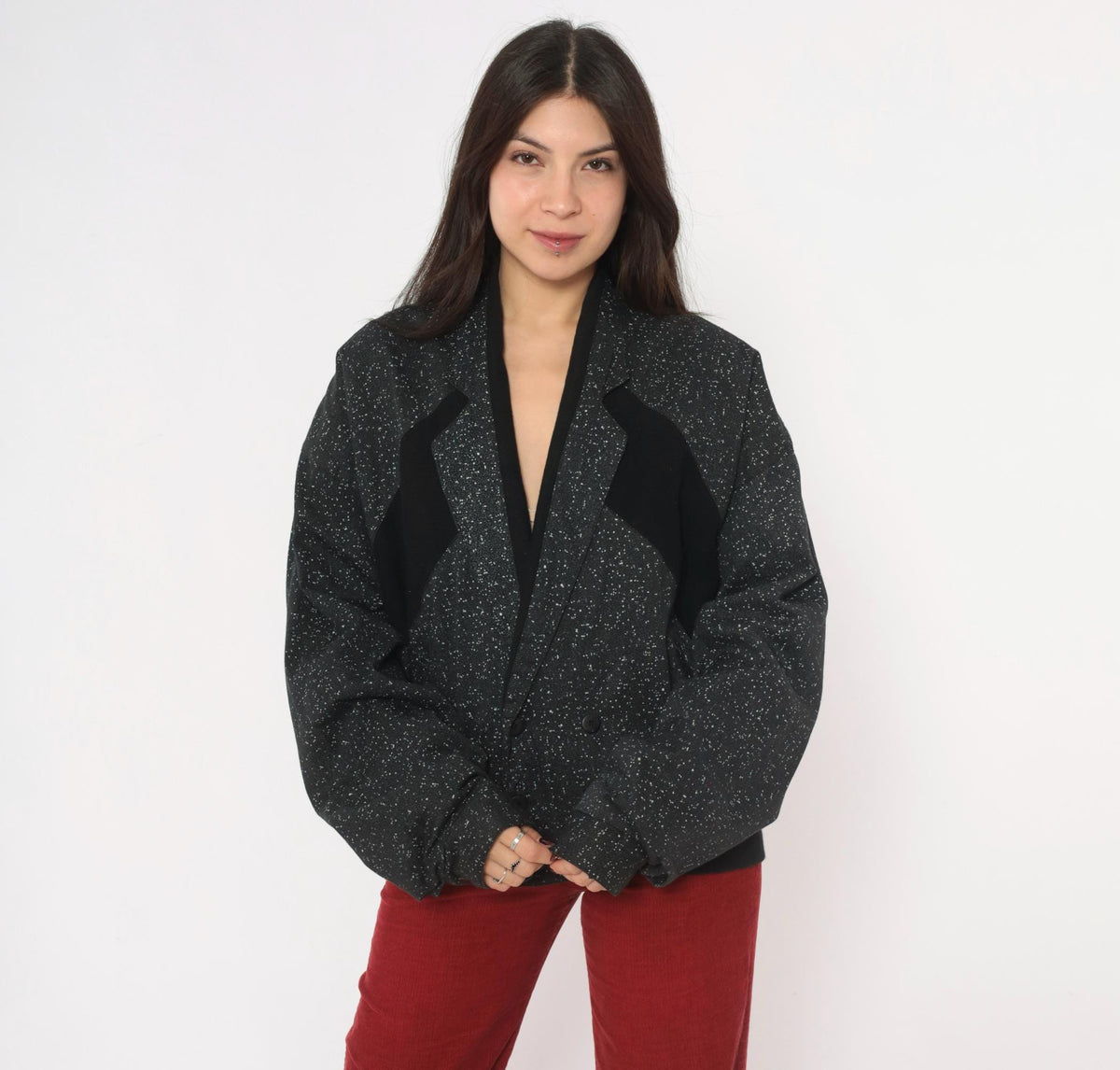 90s Code Zero Black Cotton Bomber Jacket White Speckled Notched Lapel Large L