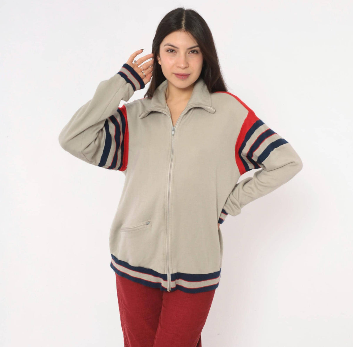 80s Track & Court Zip Jacket Grey Navy Red Stripe Bomber Medium