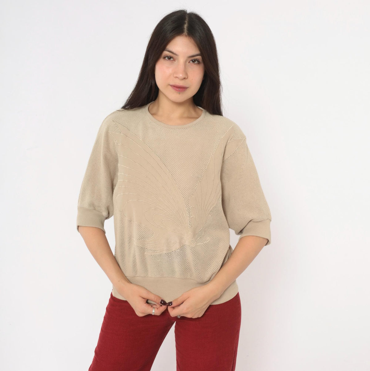 80s Stephanie Beige Mesh Knit Top Dolman Batwing Butterfly Appliqué Medium