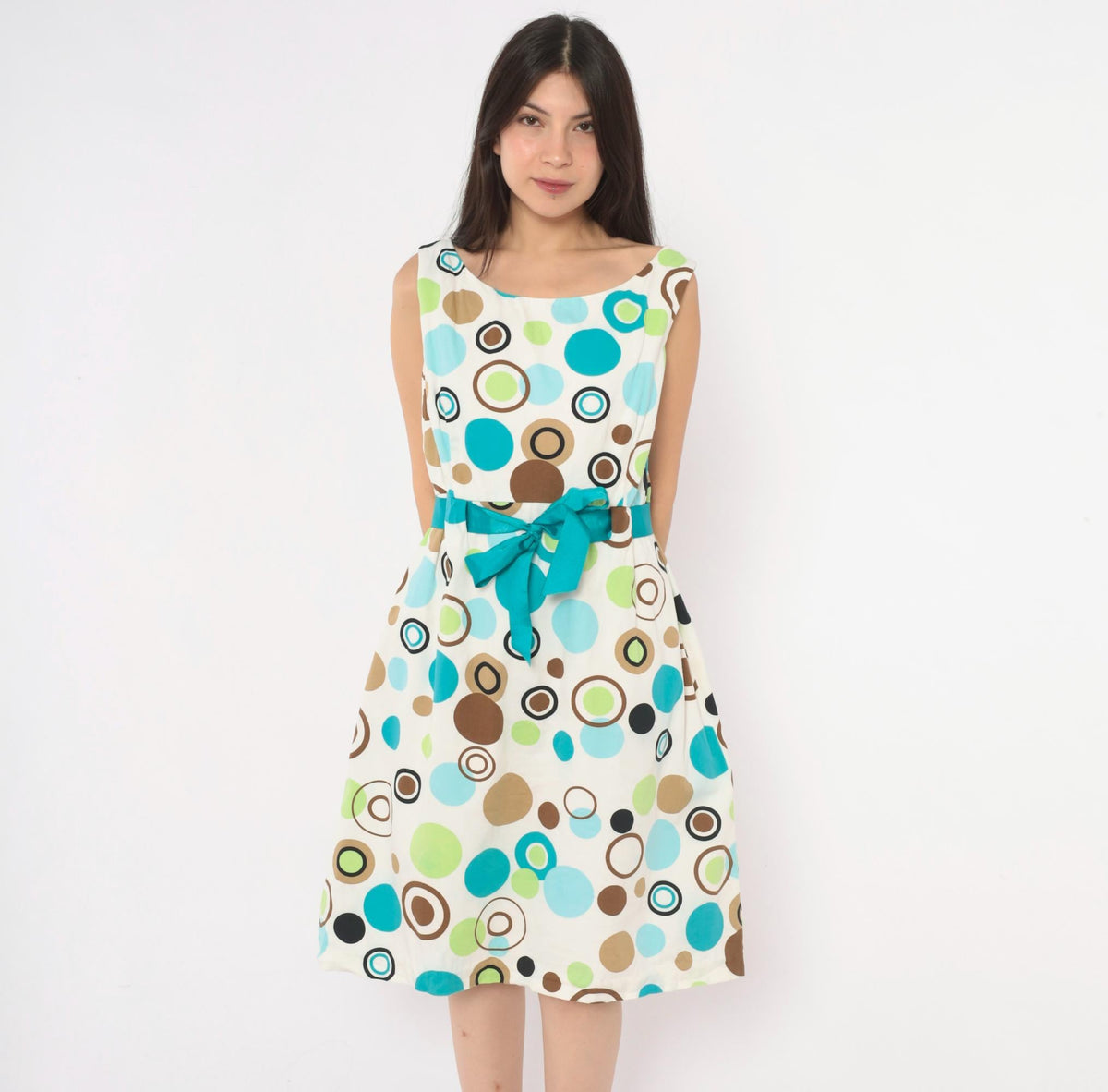 90s Jessica Howard White Polka Dot Sundress Teal Green Brown Knee-Length Large L