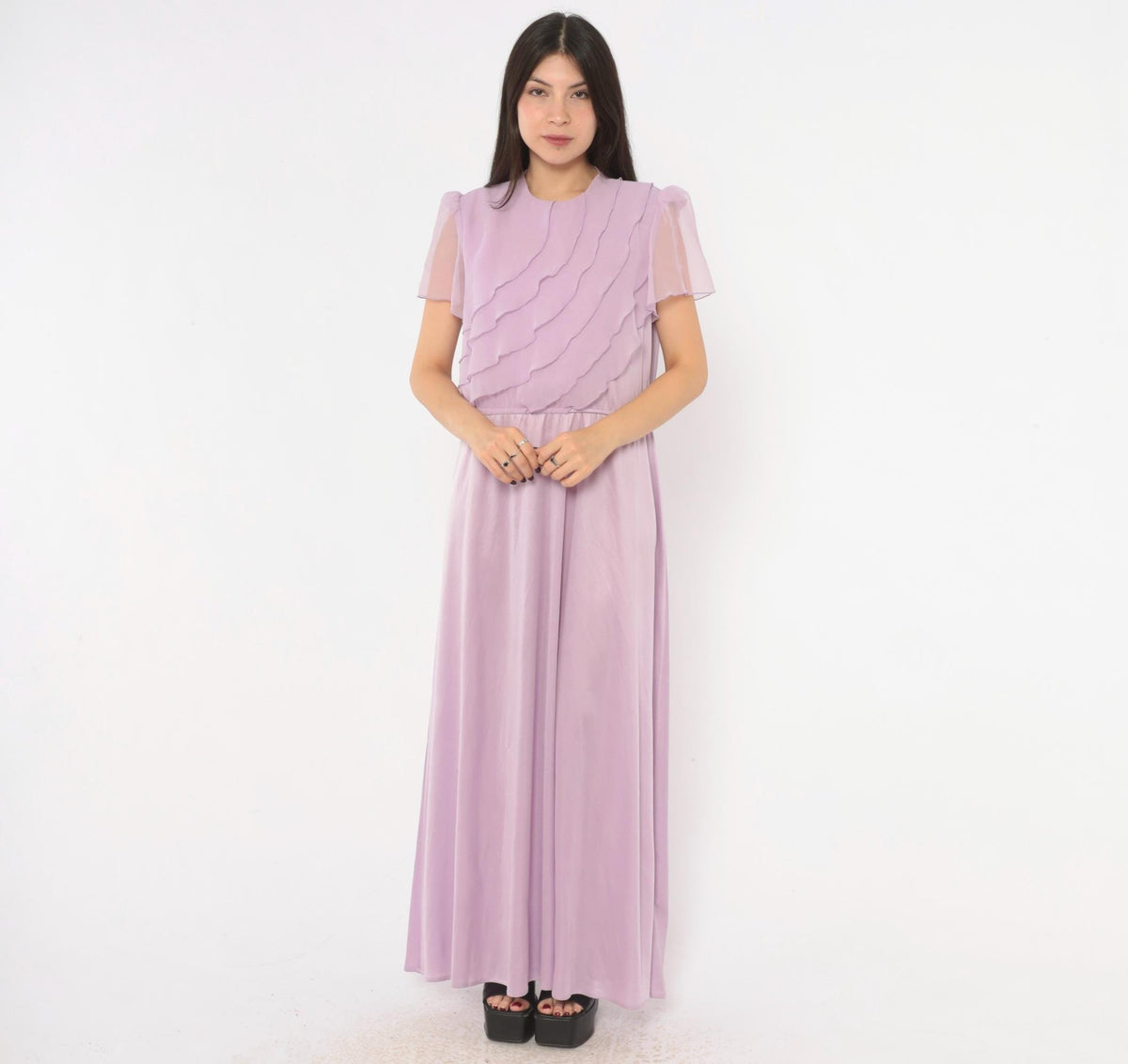 70s Lilac Chiffon Maxi Dress Flutter Sleeve A-Line Purple Pastel Large L