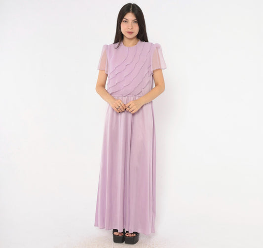 70s Lilac Chiffon Maxi Dress Flutter Sleeve A-Line Purple Pastel Large L