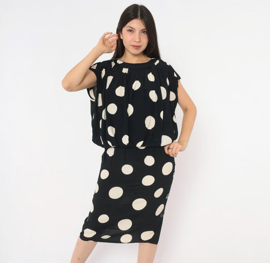 90s Chetta B Polka Dot Midi Dress Black Cream Cap Sleeve Small S