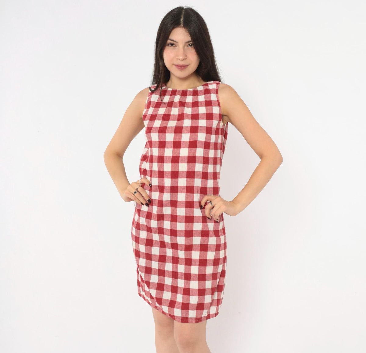 Y2K Red Gingham Sleeveless A-Line Dress Knee Length Medium M