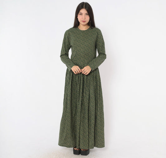 90s Olive Green Floral Maxi Dress Long Sleeve Leaf Print Cottagecore Large L