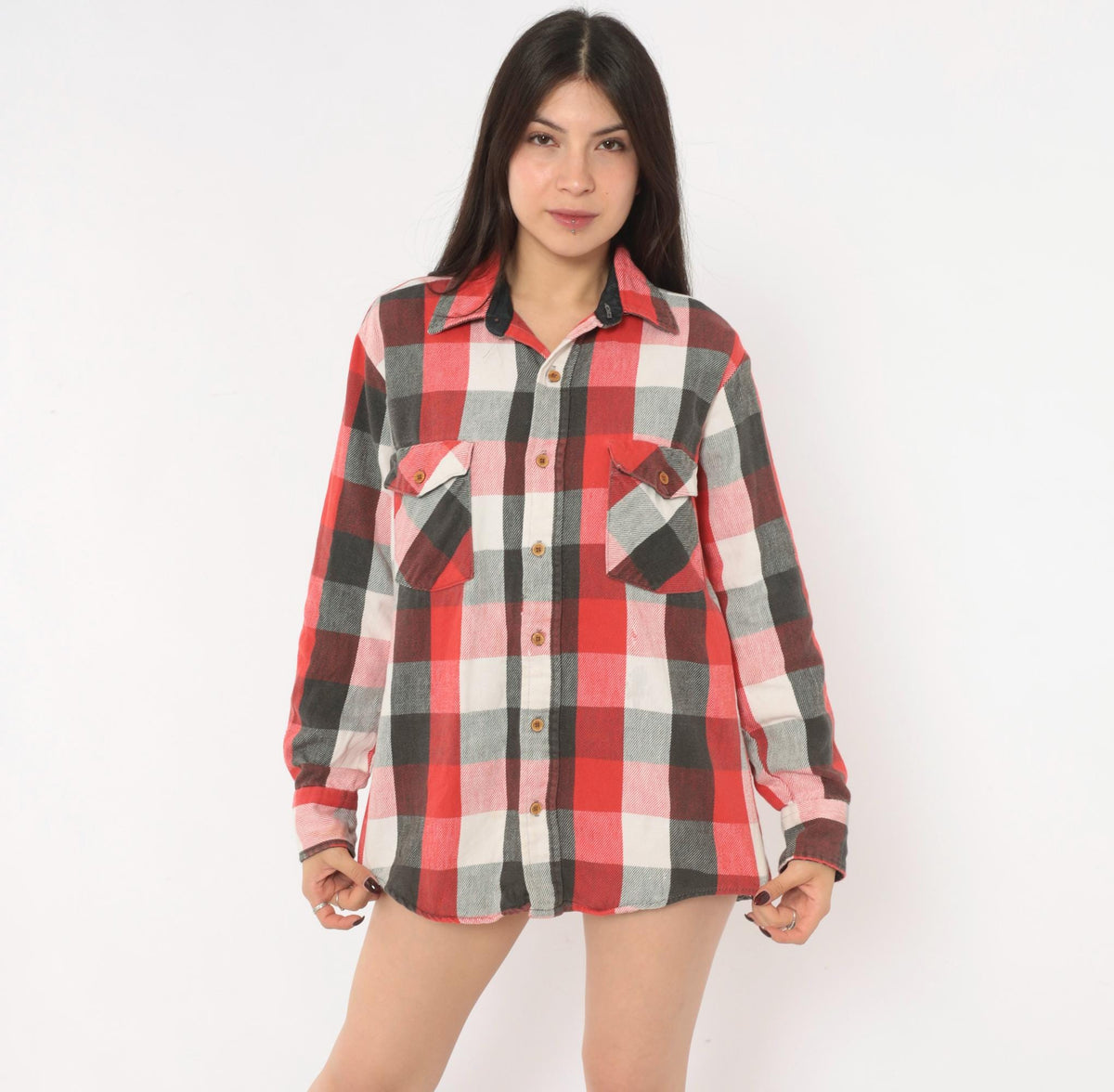 80s Buffalo Plaid Flannel Shirt Red Black White Cotton Button Front Medium
