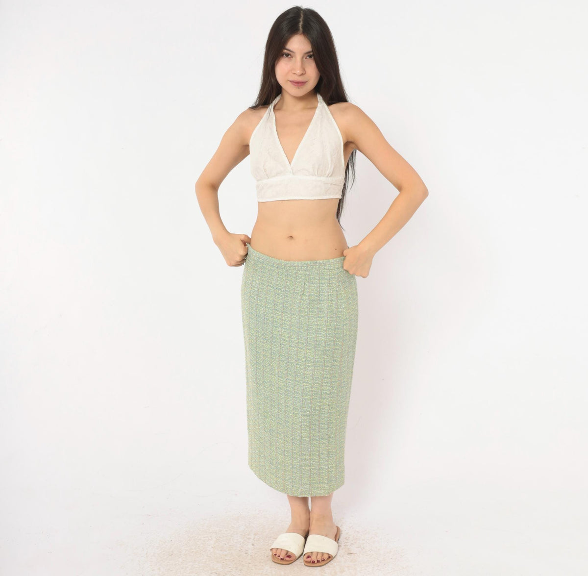 Y2K Green Tweed Midi Skirt Henry Lee Boucle High Waist Pencil Medium M