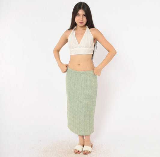Y2K Green Tweed Midi Skirt Henry Lee Boucle High Waist Pencil Medium M