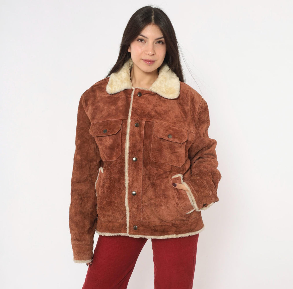 70s Grande Bay Brown Suede Trucker Jacket Shearling Lined Medium