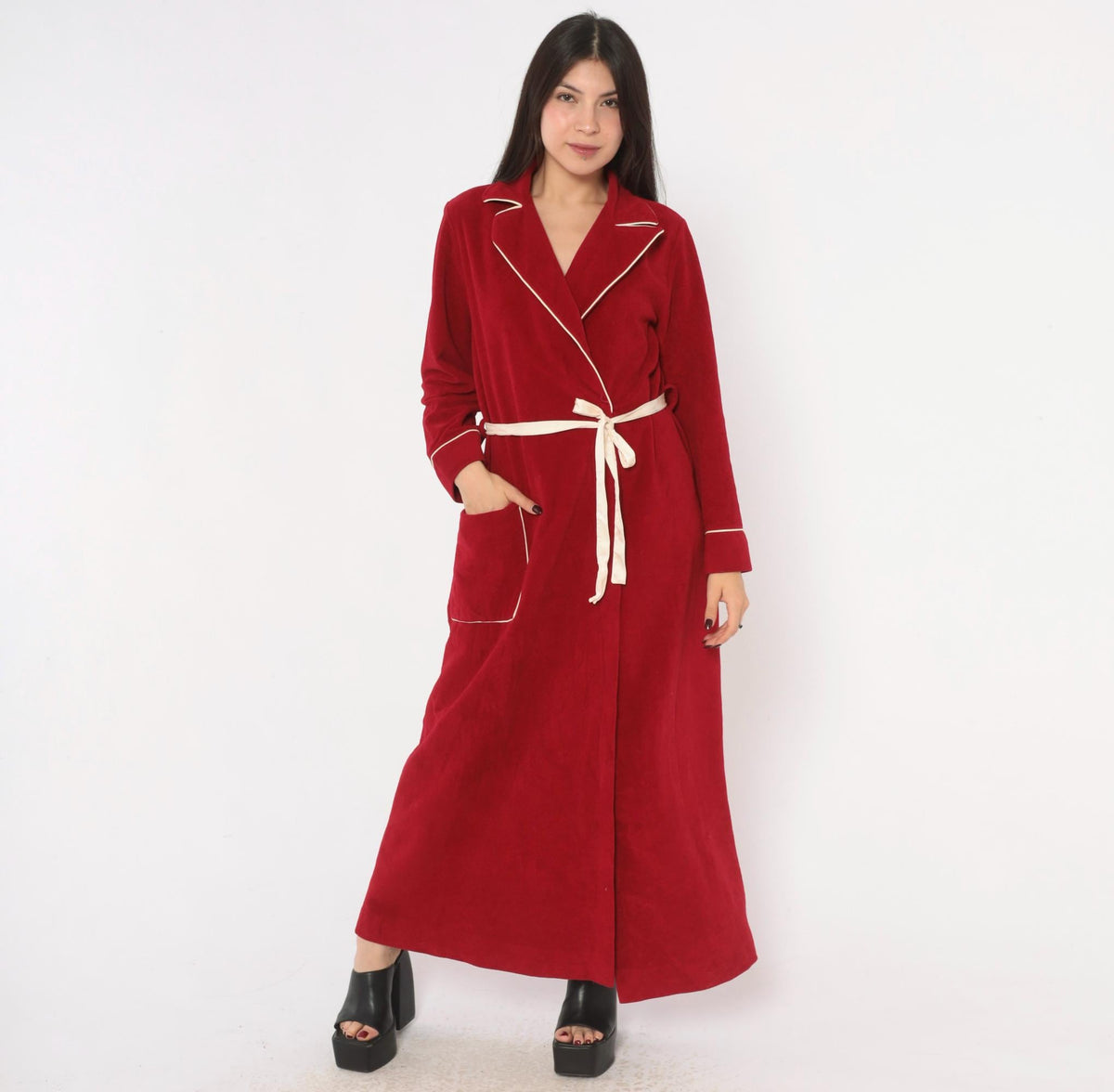 80s Kayser Red Wrap Robe Maxi Dressing Gown White Piping Medium M