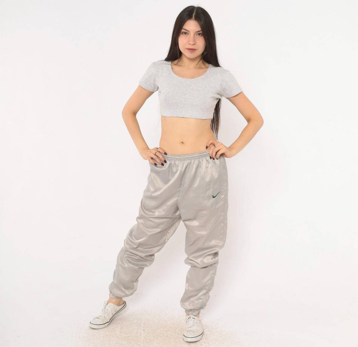 90s Nike Track Pants Grey Nylon Tapered Joggers Ankle Zip Medium M