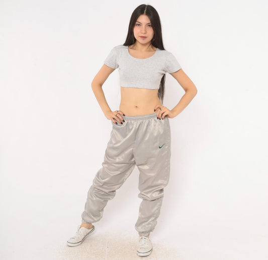 90s Nike Track Pants Grey Nylon Tapered Joggers Ankle Zip Medium M