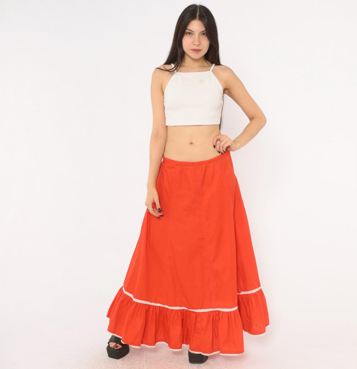 70s Orange Prairie Skirt Tiered Ruffle Eyelet Lace Trim Ankle Length Large