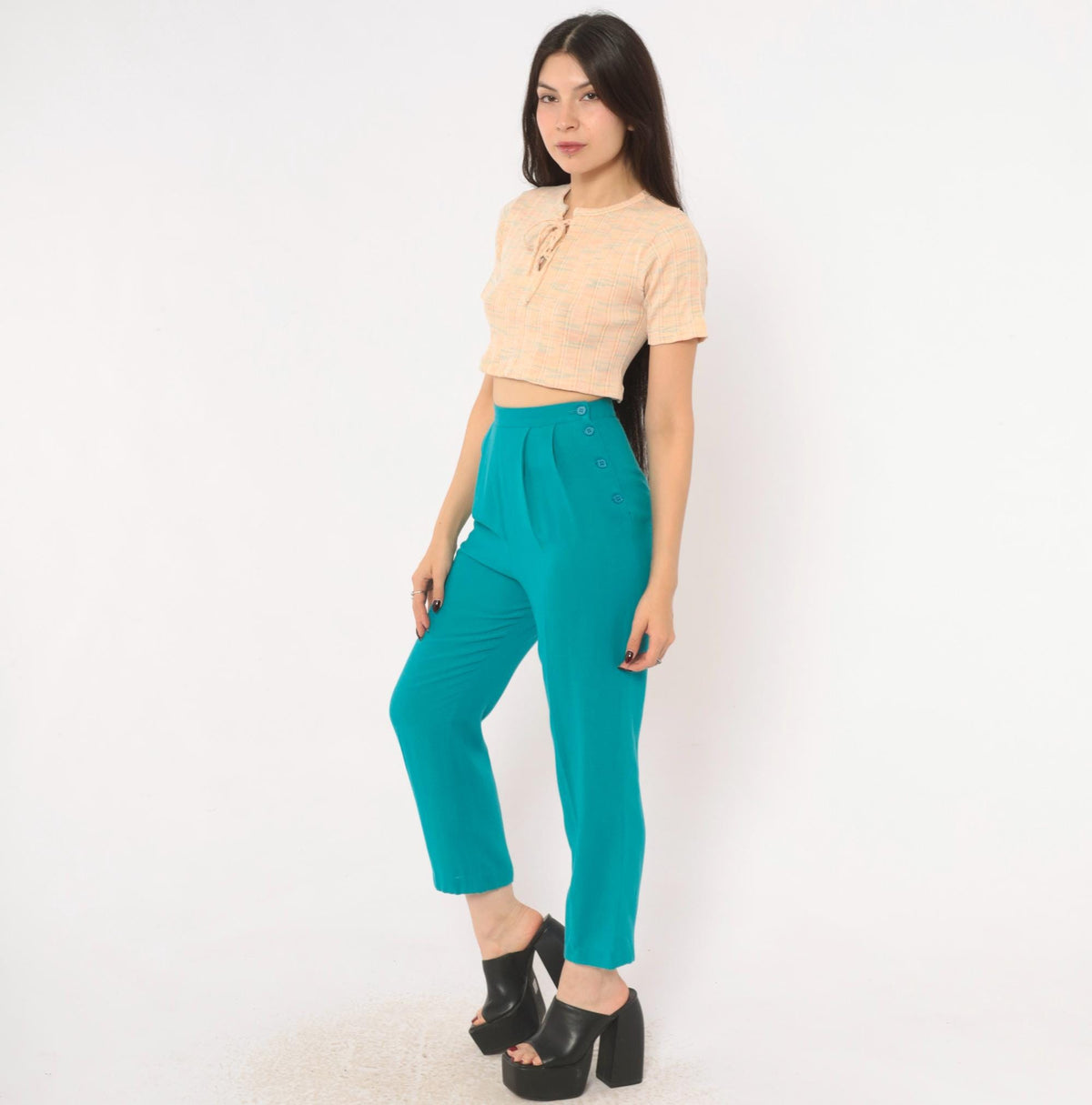 80s Teal Pleated High-Waist Tapered Trousers Prophecy Petites Extra Small