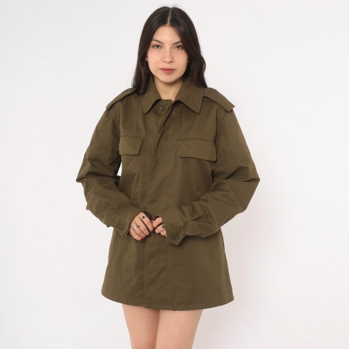 90s Olive Green Military Field Jacket Cotton Button Front Medium