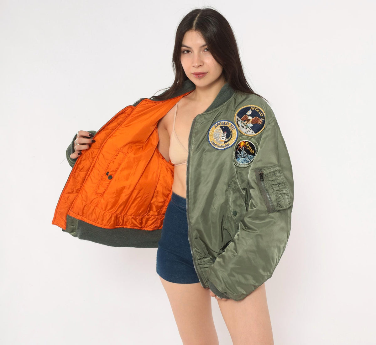 90s MA-1 Bomber Jacket Olive Green Reversible Orange Flight Coat Large L