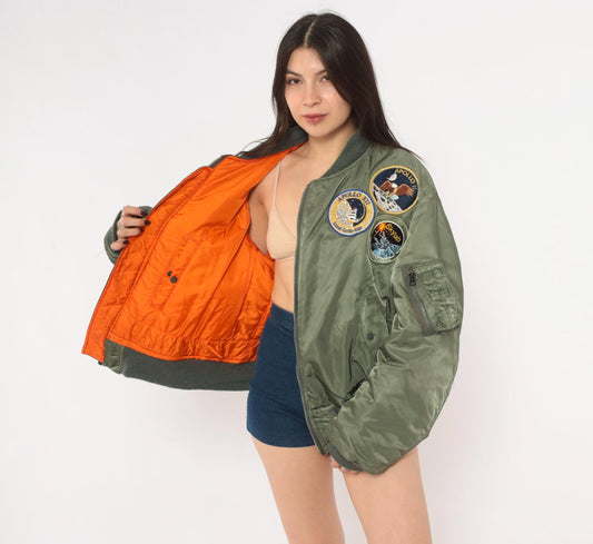 90s MA-1 Bomber Jacket Olive Green Reversible Orange Flight Coat Large L