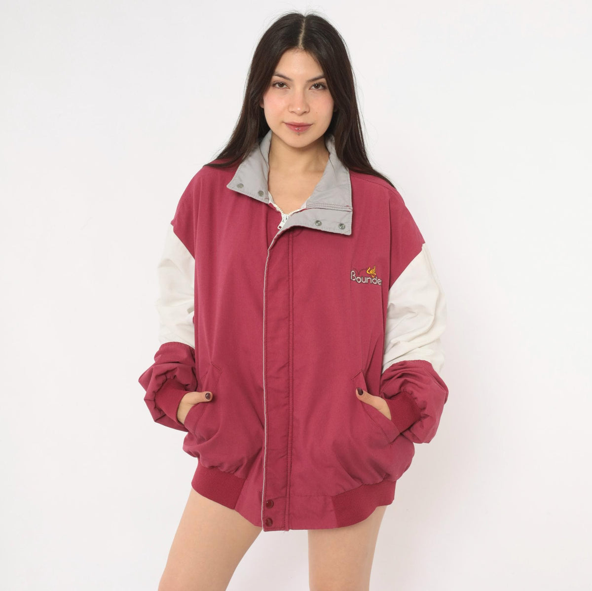 80s Dunbrooke Burgundy Bomber Jacket White Color Block Sleeves Extra Large XL