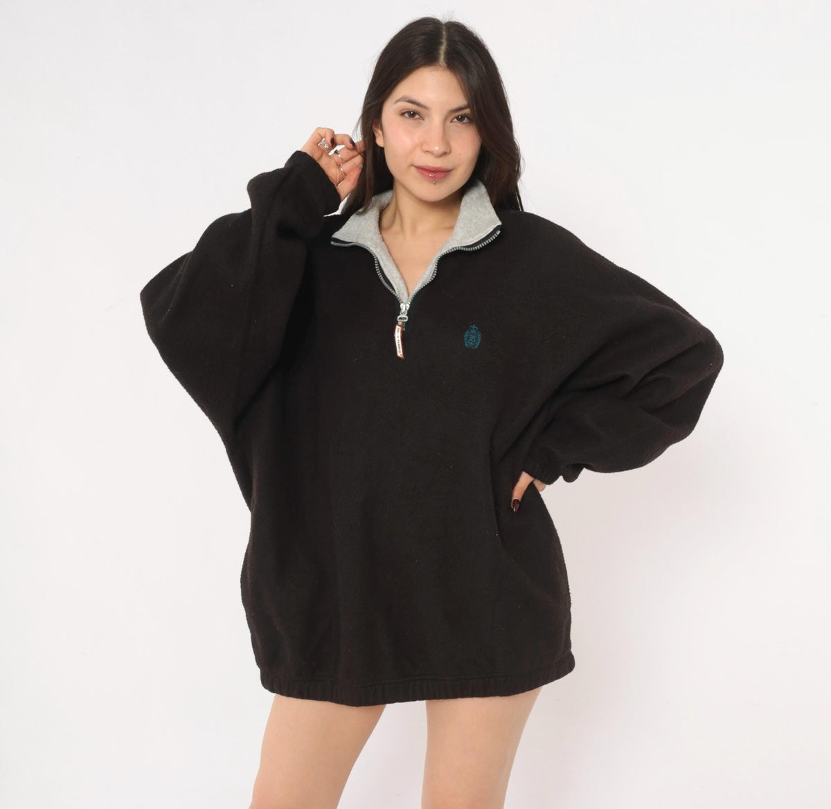 90s Snow Fleece Black Half Zip Pullover Grey Collar Raglan Extra Large XL