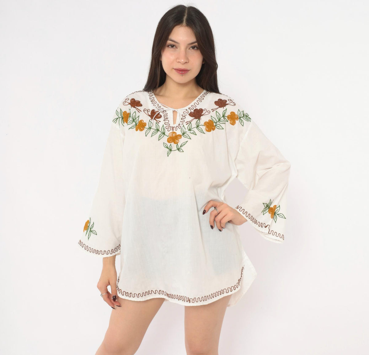 90s White Embroidered Bell Sleeve Tunic Blouse Brown Butterfly Keyhole Tie Neck Extra Large XL