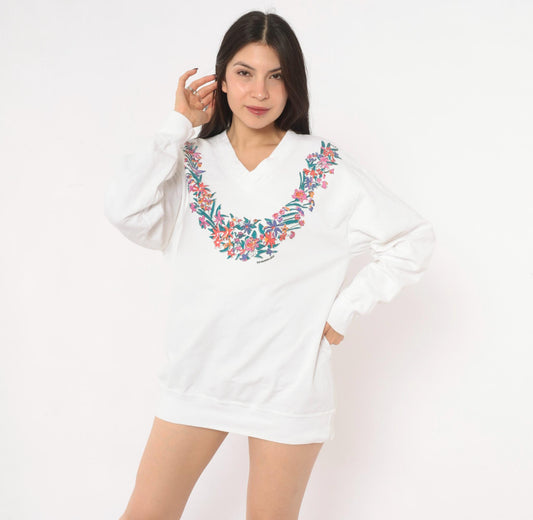 90s L.A. Sportswear Floral V-Neck Sweatshirt White Cotton Pullover Medium M