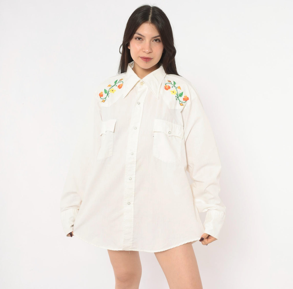 70s Levi's Western Shirt Floral Embroidered Yoke White Pearl Snap Large