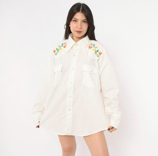 70s Levi's Western Shirt Floral Embroidered Yoke White Pearl Snap Large