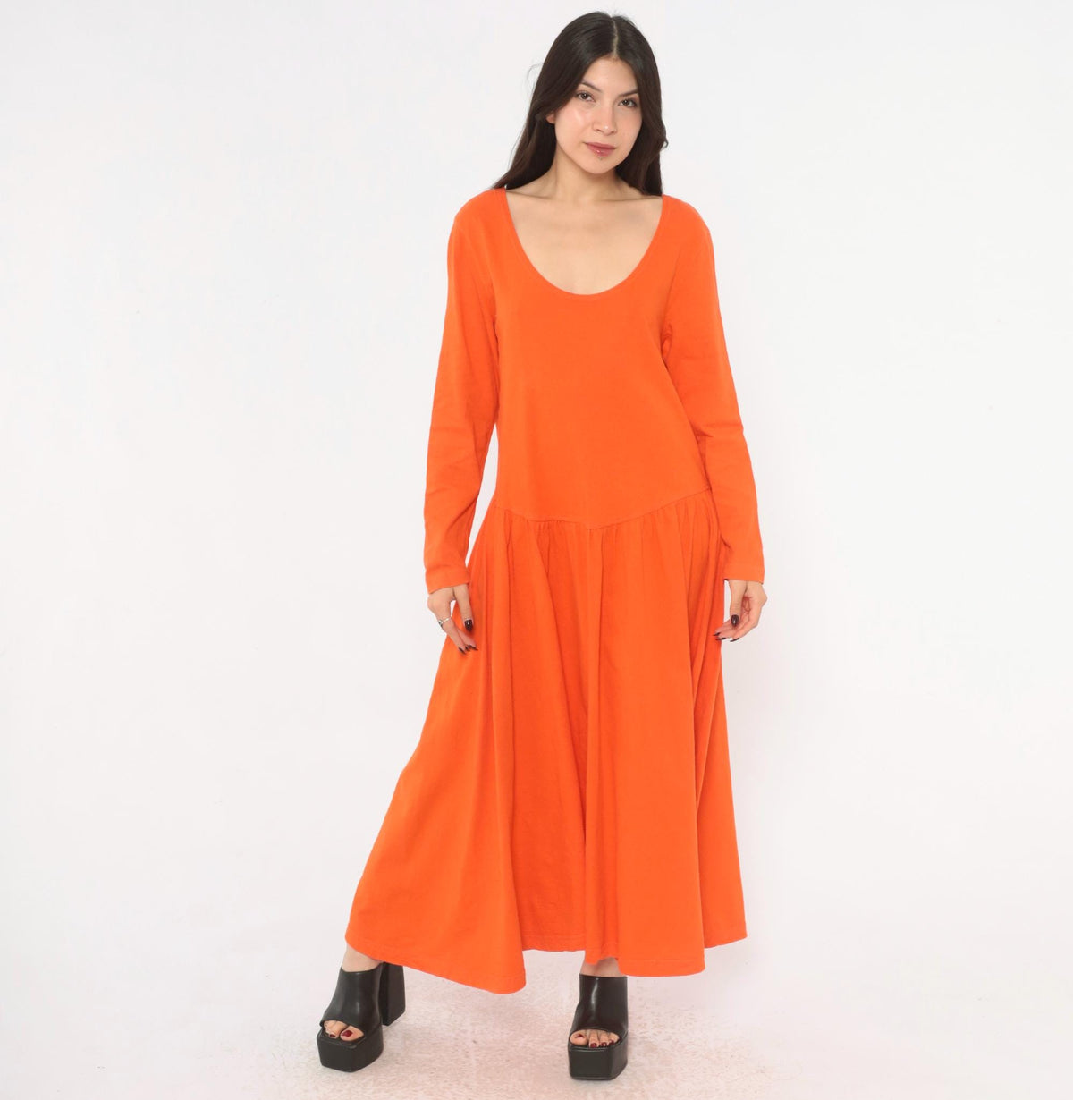 90s Oakbrook Sport Orange Cotton Dress Drop Waist Long Sleeve Medium