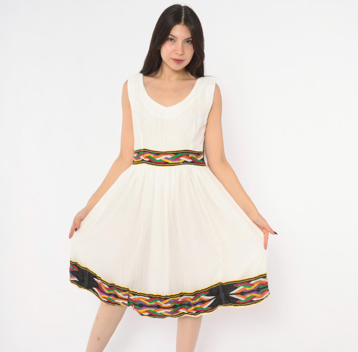 90s White Gauze Knee-Length Dress Ethiopian Habesha Embroidered Tibeb Multicolor Medium