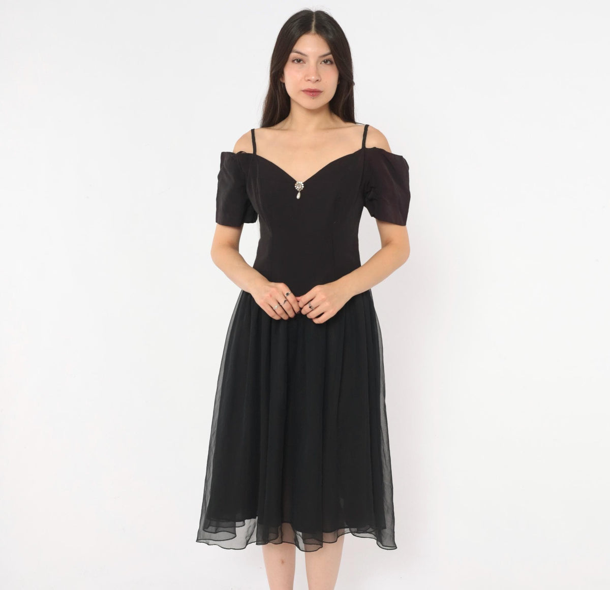 90s Nite Scarlett Black Midi Dress Sweetheart Neckline Puff Sleeve Small