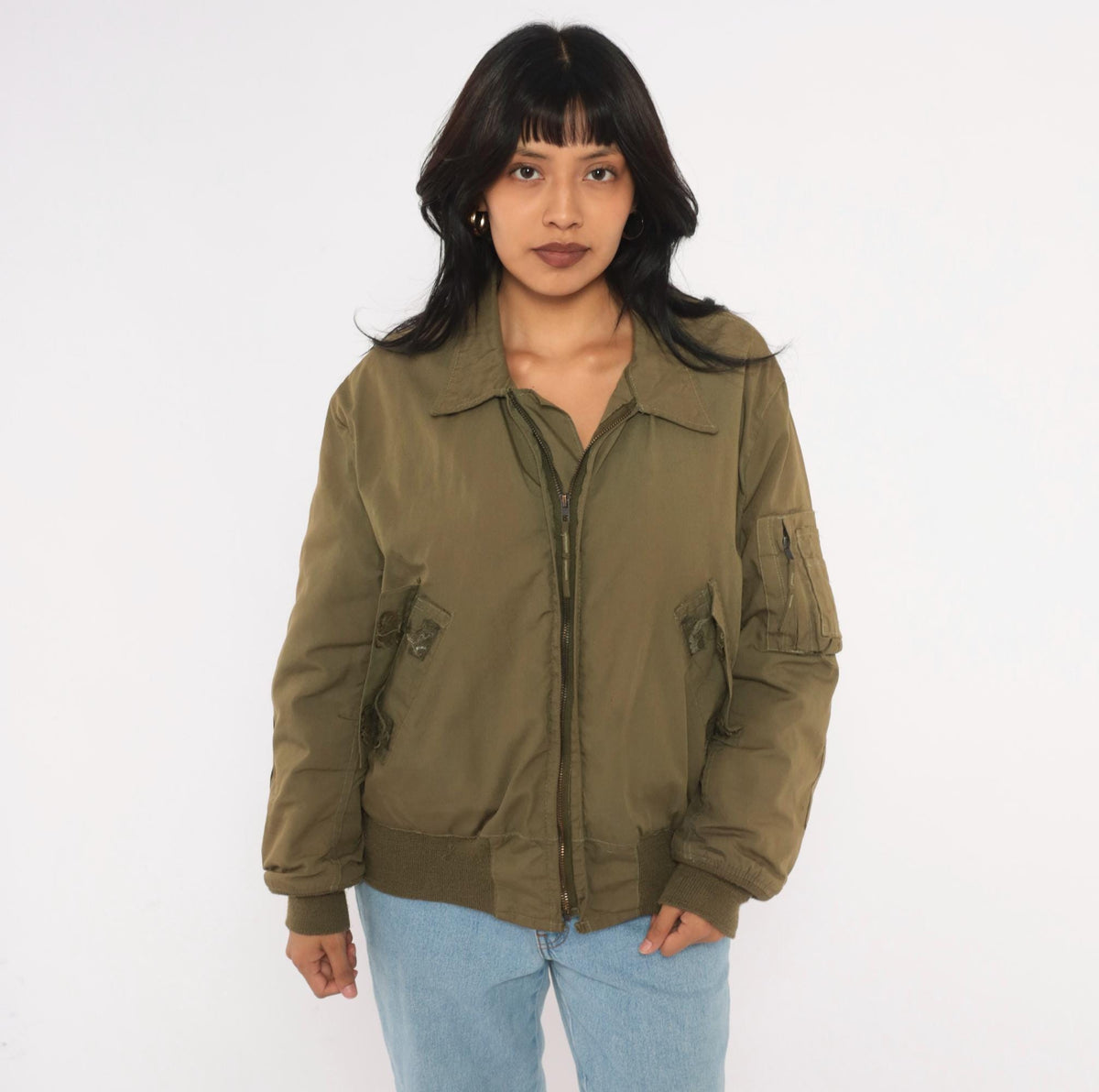 90s Olive Green Military Flight Jacket Bomber Zip Front Medium