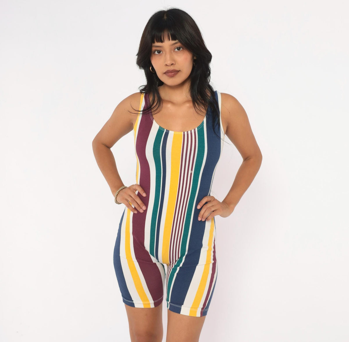 90s L.A. Sport Striped Bike Short Romper White Burgundy Scoop Neck Small