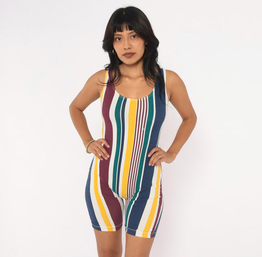 90s L.A. Sport Striped Bike Short Romper White Burgundy Scoop Neck Small