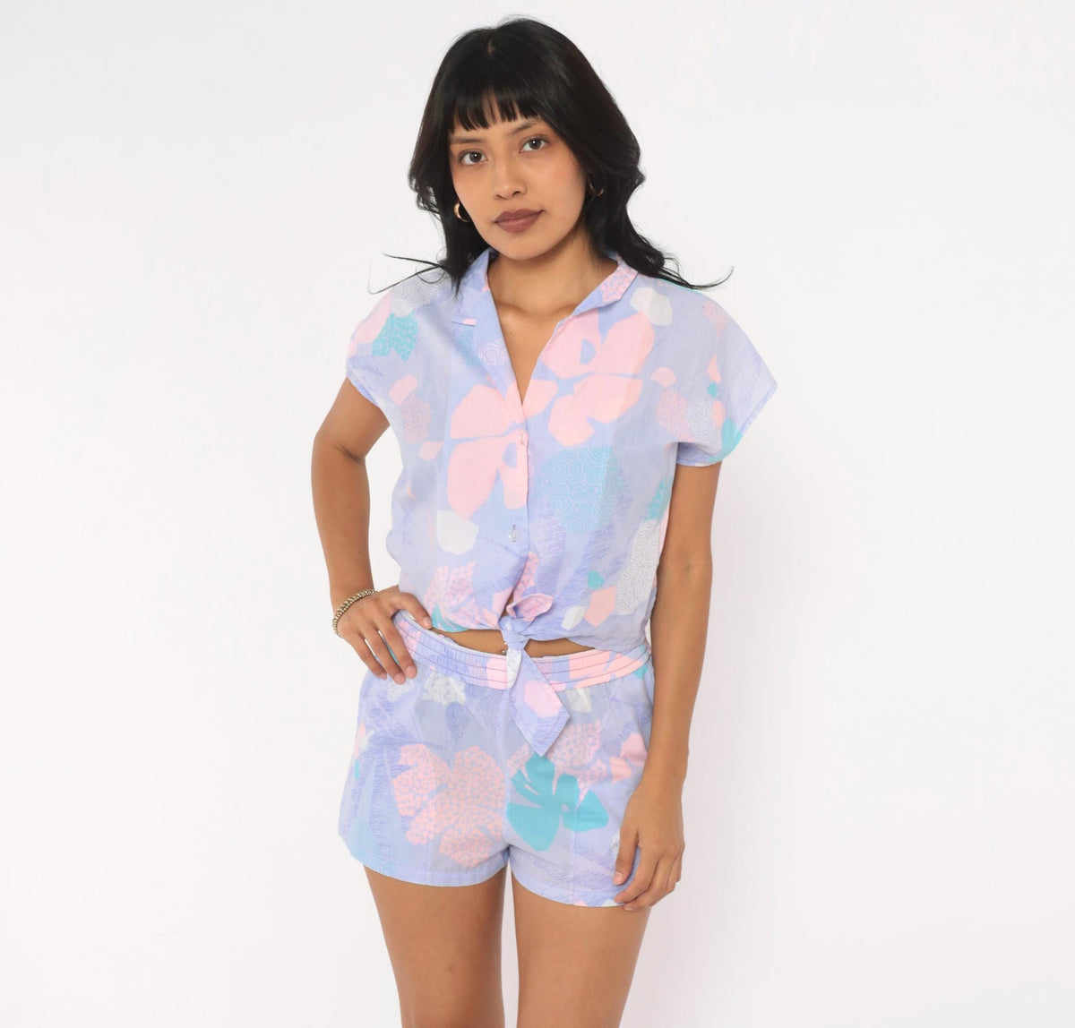 80s Hilo Hatties Purple Floral Two Piece Shorts Set Hawaiian Playsuit Small