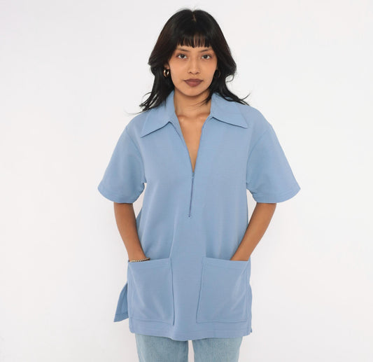 70s Powder Blue Waffle Knit Quarter Zip Pointed Collar Top Medium