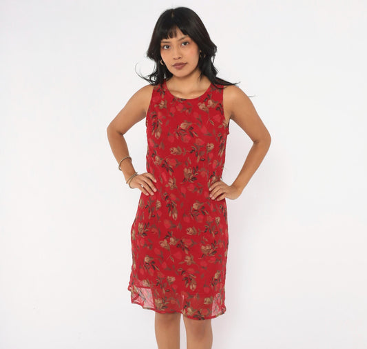 90s City Triangles Red Floral Dress Knee Length Sleeveless Small S