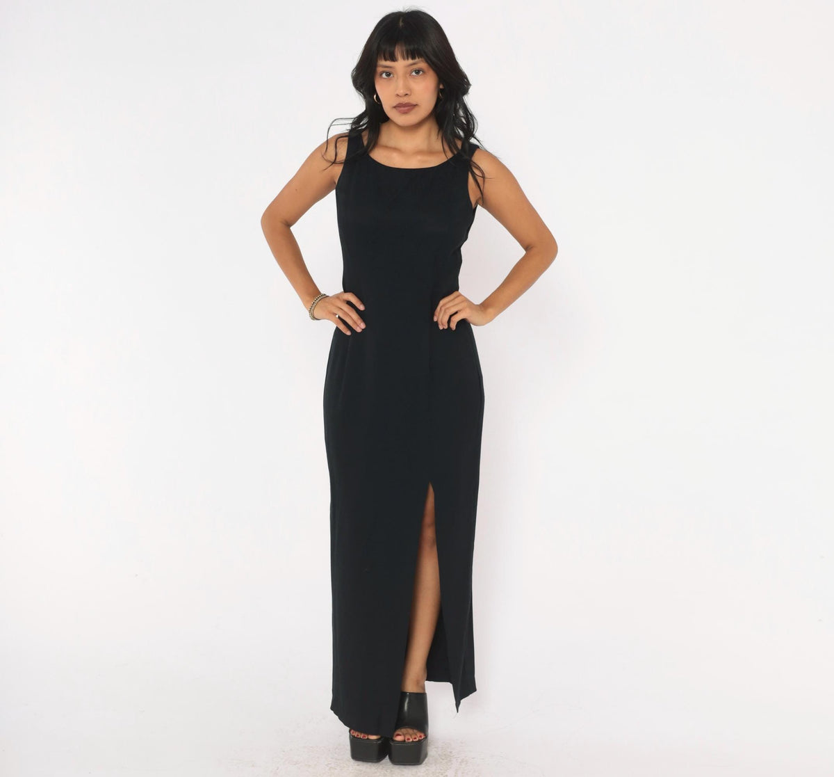90s Gunne Sax Black Maxi Dress Sleeveless Scoop Neck Cutout Back Small S