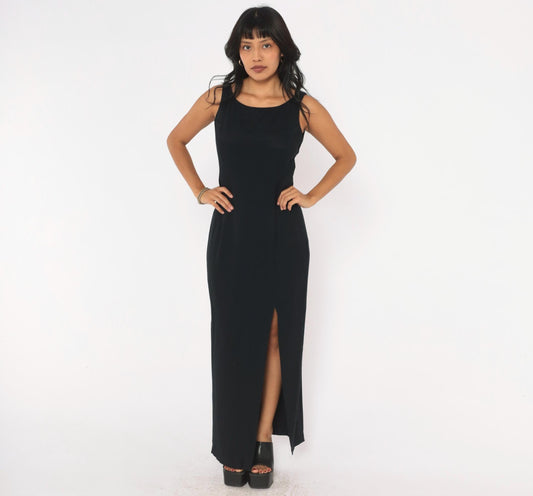90s Gunne Sax Black Maxi Dress Sleeveless Scoop Neck Cutout Back Small S
